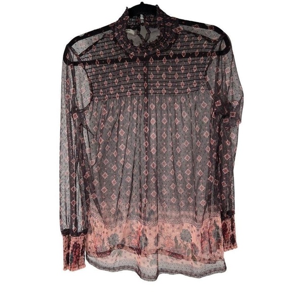 Maurices Black Pink Mesh Floral Sheer Mock Neck Blouse - Picture 2 of 6